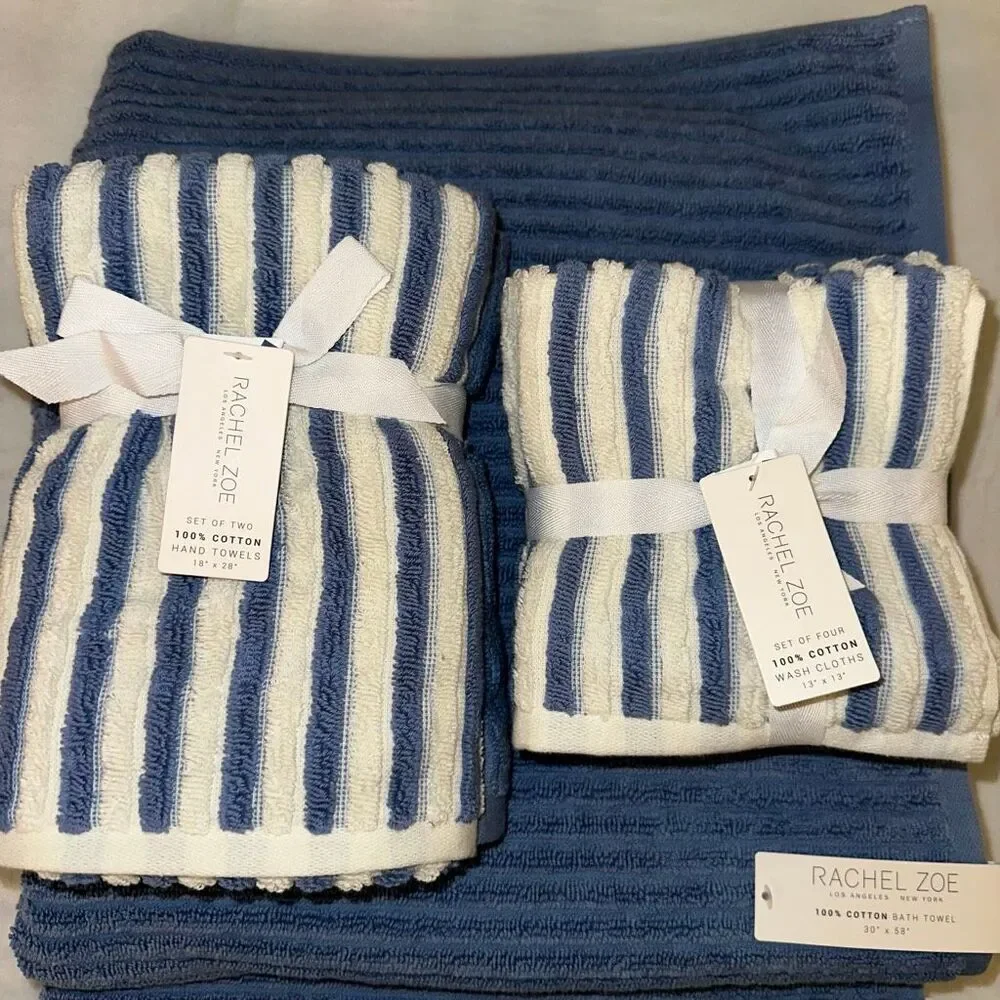 Rachel Zoe Bath Towel Set Cream Dusty Blue Stripe and Solids Pattern 8 Piece NWT